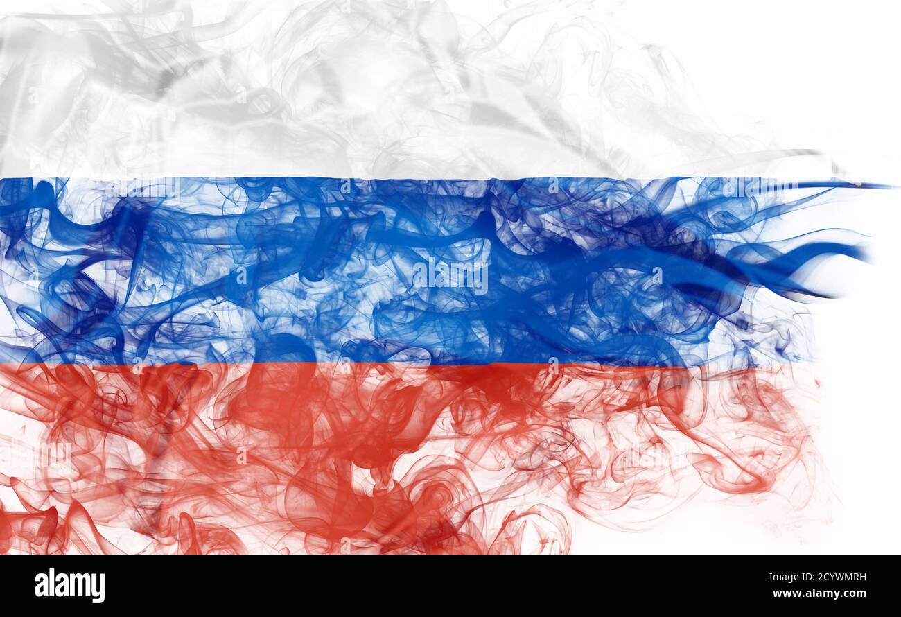 Fumo forma della bandiera nazionale russa della Russia isolato su sfondo bianco. Concetto aziendale di crisi e tensioni commerciali. Illustrazione 3D Foto Stock