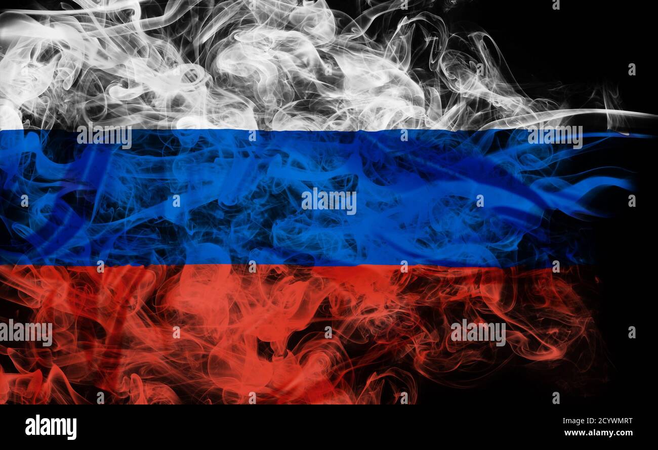 Fumo forma della bandiera nazionale russa della Russia isolato su sfondo nero. Concetto aziendale di crisi e tensioni commerciali. Illustrazione 3D Foto Stock