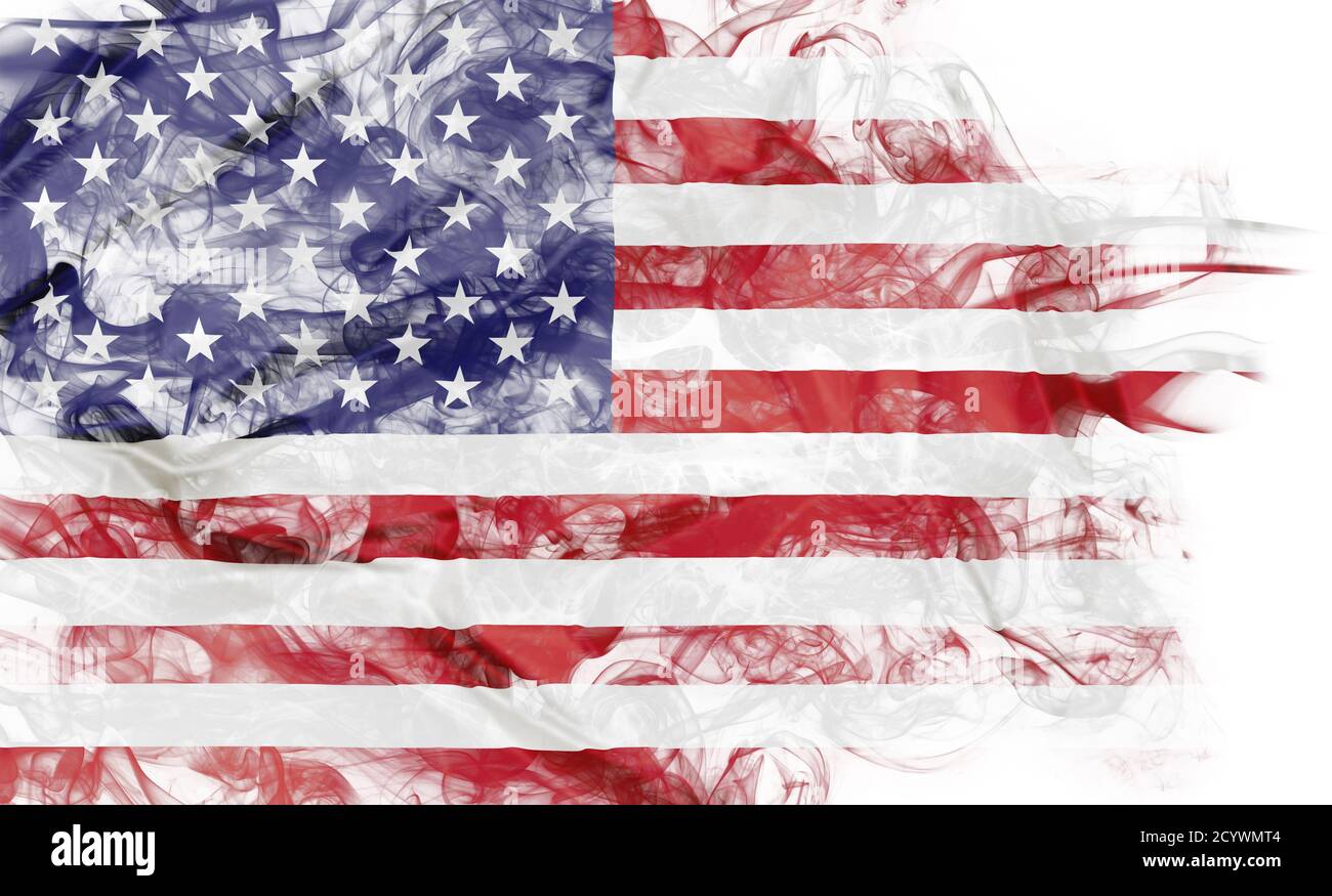 Forma di fumo della bandiera nazionale degli Stati Uniti d'America isolato su sfondo bianco. Foto Stock