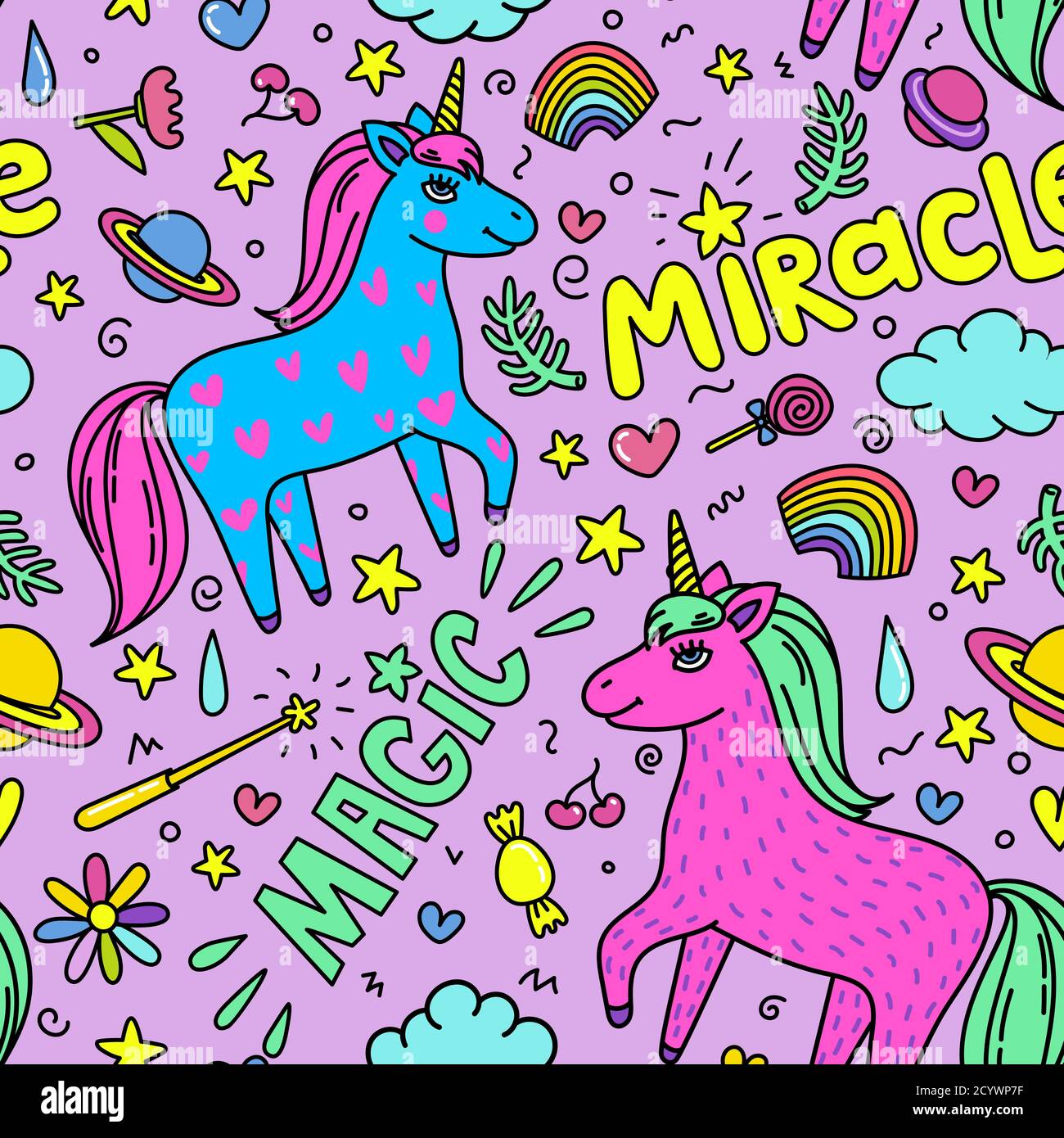 Modello magico senza cuciture con unicorni disegnati a mano e oggetti magici. Miracolo e creatura magica. Illustrazione Vettoriale