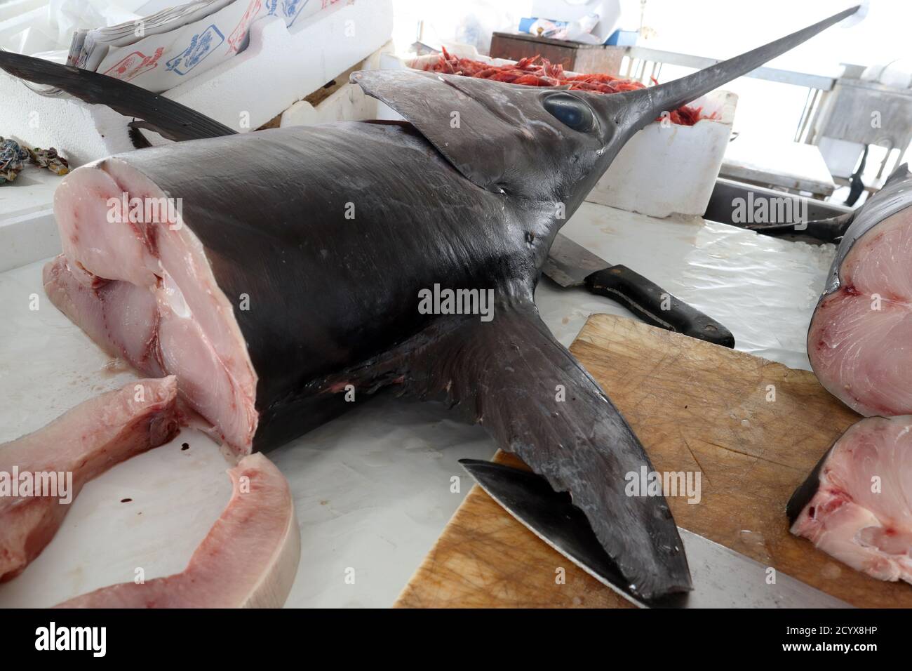 Pesce spada fresco in una bancarella di mercato a Trapani Sicilia Foto Stock