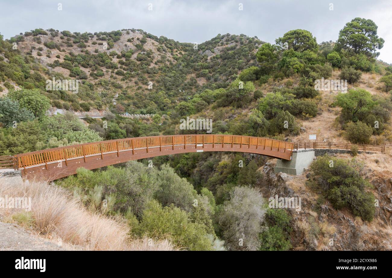 Passerella in legno, presso il percorso del corso d'acqua (Acequia) vicino Guadalmina Canal Trail, Benahavis, Andalusia, Spagna. Foto Stock