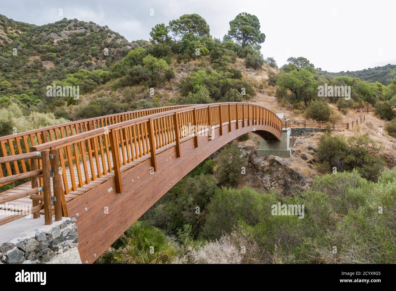 Passerella in legno, presso il percorso del corso d'acqua (Acequia) vicino Guadalmina Canal Trail, Benahavis, Andalusia, Spagna. Foto Stock