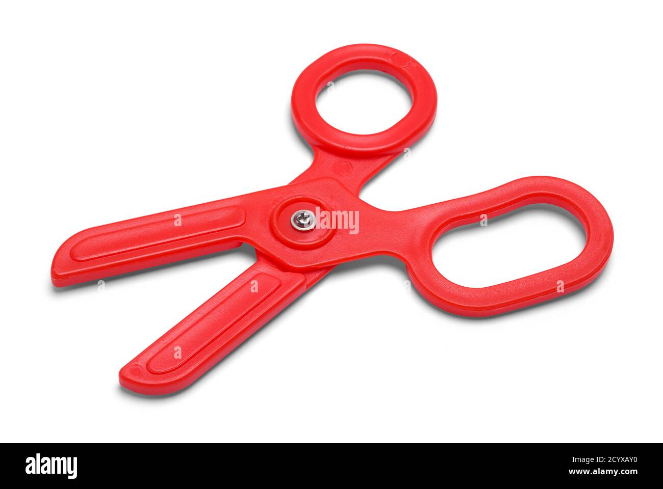 Forbici di plastica giocattolo isolate su sfondo bianco. Foto Stock