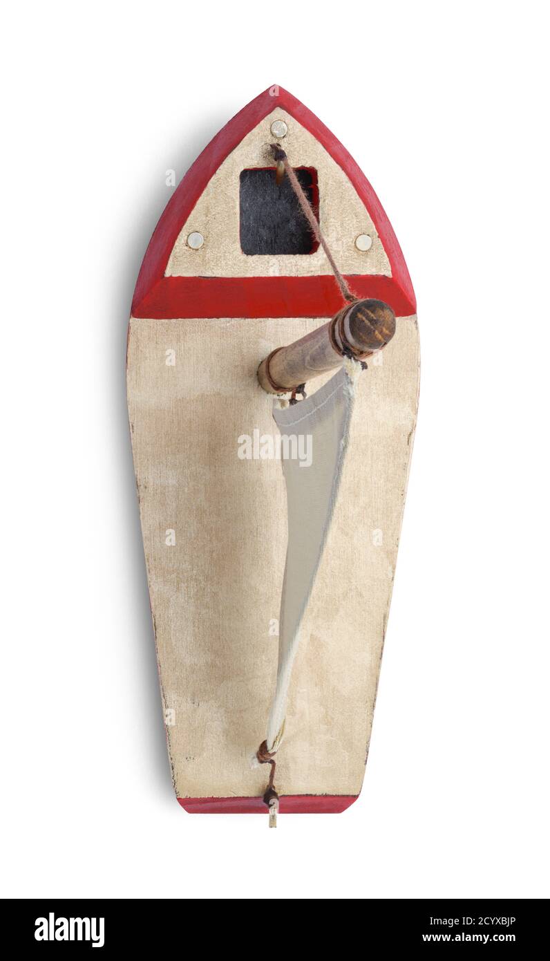 Giocattolo in legno Barca a vela modello vista dall'alto isolato su bianco. Foto Stock