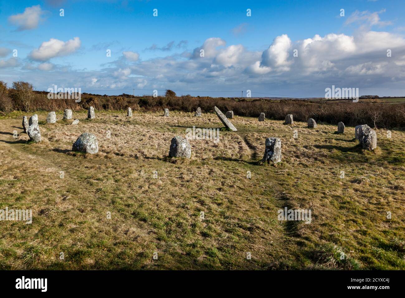 Boscawen-un Stone Circle; vicino a St. Buryan; Cornovaglia occidentale Foto Stock