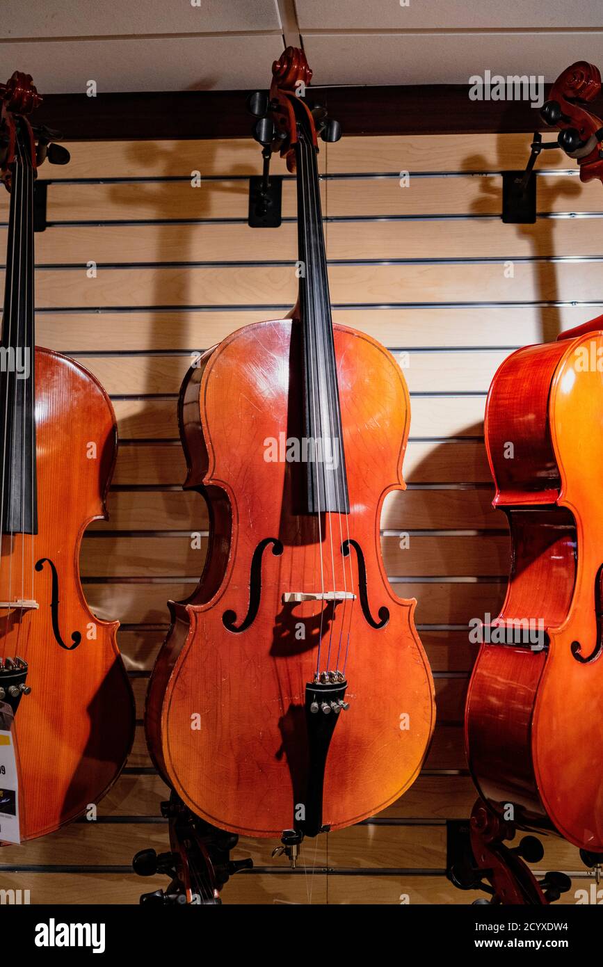 New York, Feb 14, 2018 - violoncelli in vendita nel negozio Foto Stock