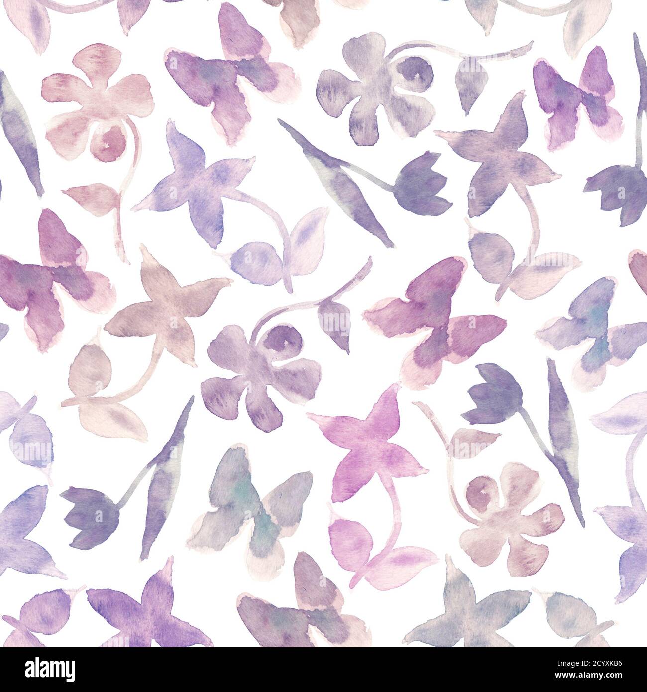 Viola moda floreale sfondo astratto. Disegno senza giunture di bosco con fiori e farfalle offuscati astratti. Beige, rosa, viola, lilla e tur Foto Stock