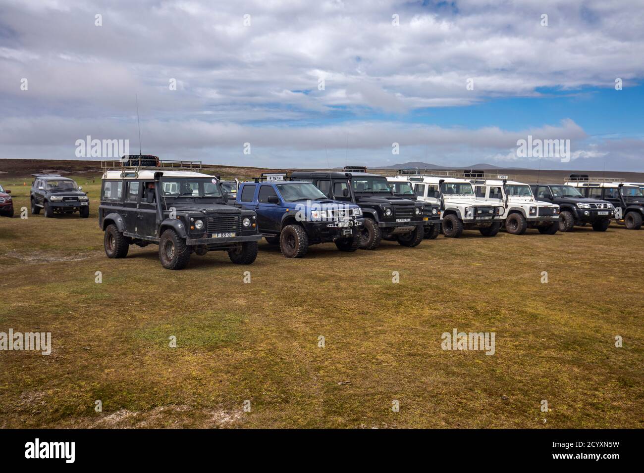Punto di volontariato; Auto parcheggiate; Falklands Foto Stock