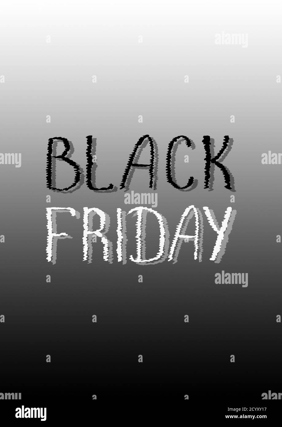 Poster di vendita Black Friday con caratteri acquerelli disegnati a mano su sfondo bianco e nero sfumato. Illustrazione verticale. Foto Stock
