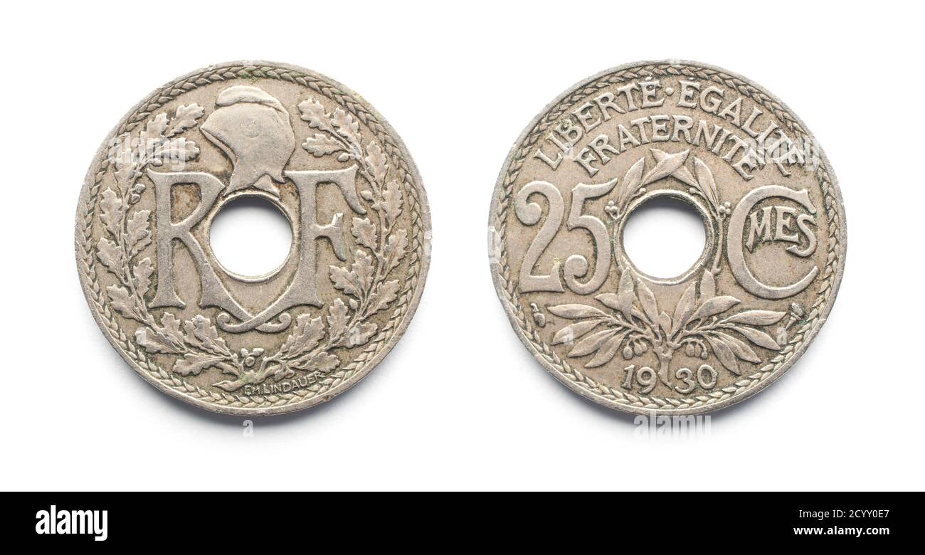 Moneta francese da 1930 centesimi da 25 su fondo bianco. Foto Stock