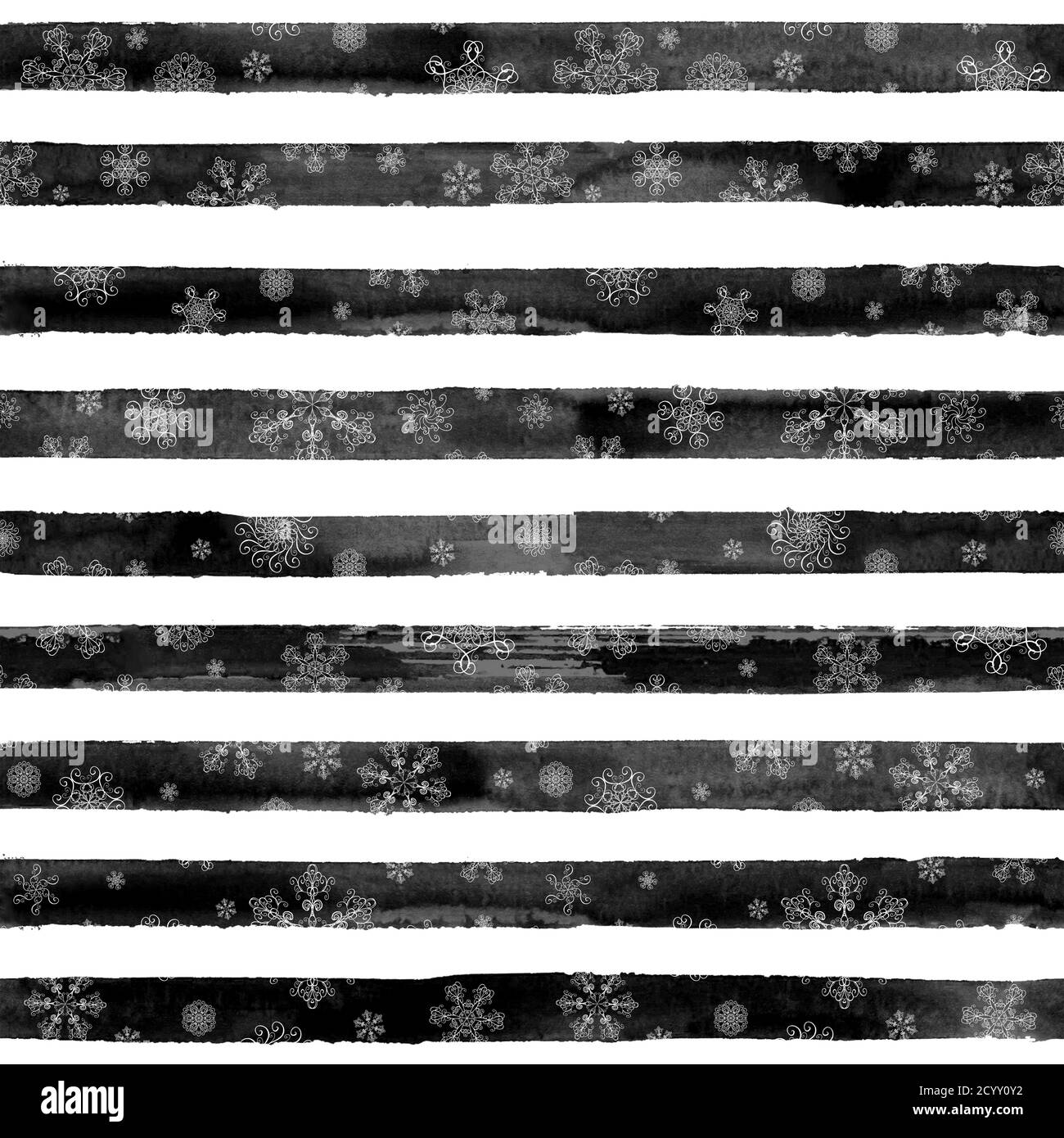 Modello invernale astratto senza giunture con delicati fiocchi di neve bianchi su fondo bianco e nero a righe. Concetto Felice anno nuovo e Ciliegio Chr Foto Stock