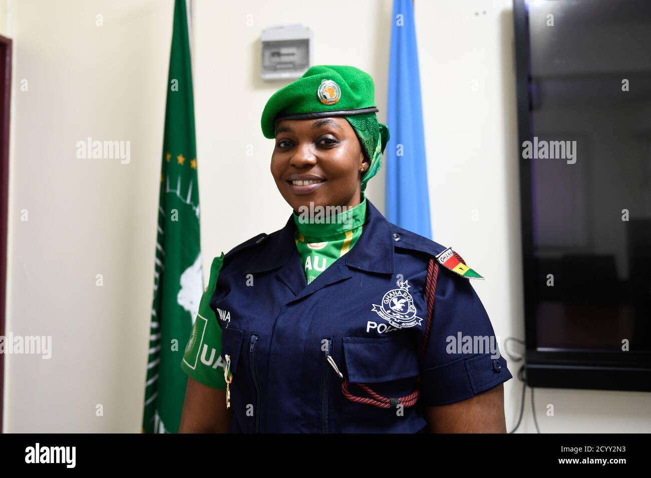 Il 09 marzo 2019 il sergente Dora Asante del servizio di polizia del Ghana ha completato il suo viaggio di lavoro con la Missione dell'Unione Africana in Somalia (AMISOM). Foto Stock