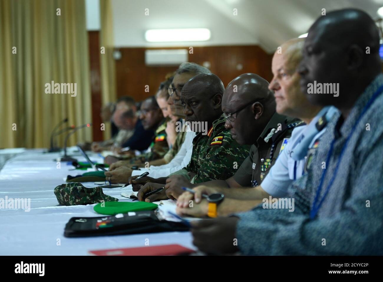 Il 18 maggio 2019, alti funzionari della missione dell'Unione africana in Somalia (AMISOM) e partner internazionali hanno partecipato a una conferenza sulla sicurezza a Mogadiscio. L'attenzione era concentrata sulla revisione delle operazioni congiunte dell'Esercito Nazionale somalo (SNA) e dell'AMISOM nella lotta contro i militanti di al-Shabaab. Foto Stock
