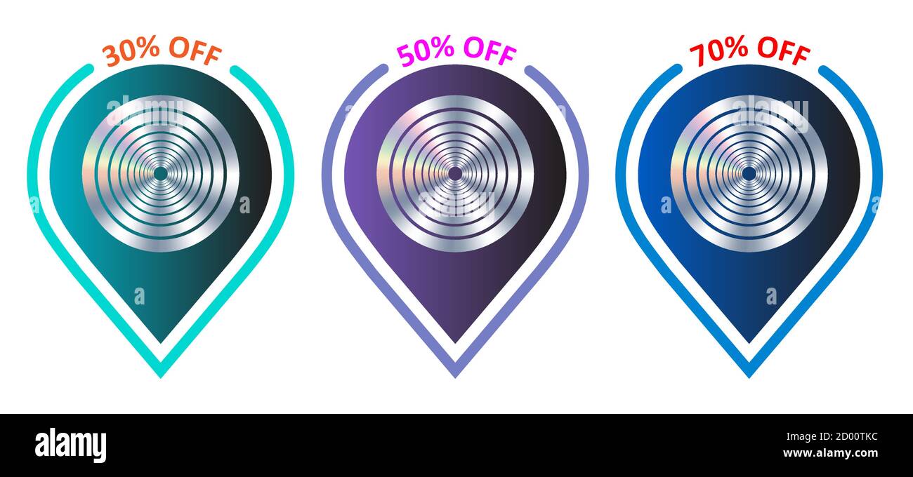 30 , 50 , 70% di sconto sull'icona della posizione del puntatore di vendita del banner vettoriale. Elemento di destinazione olografico. Illustrazione Vettoriale