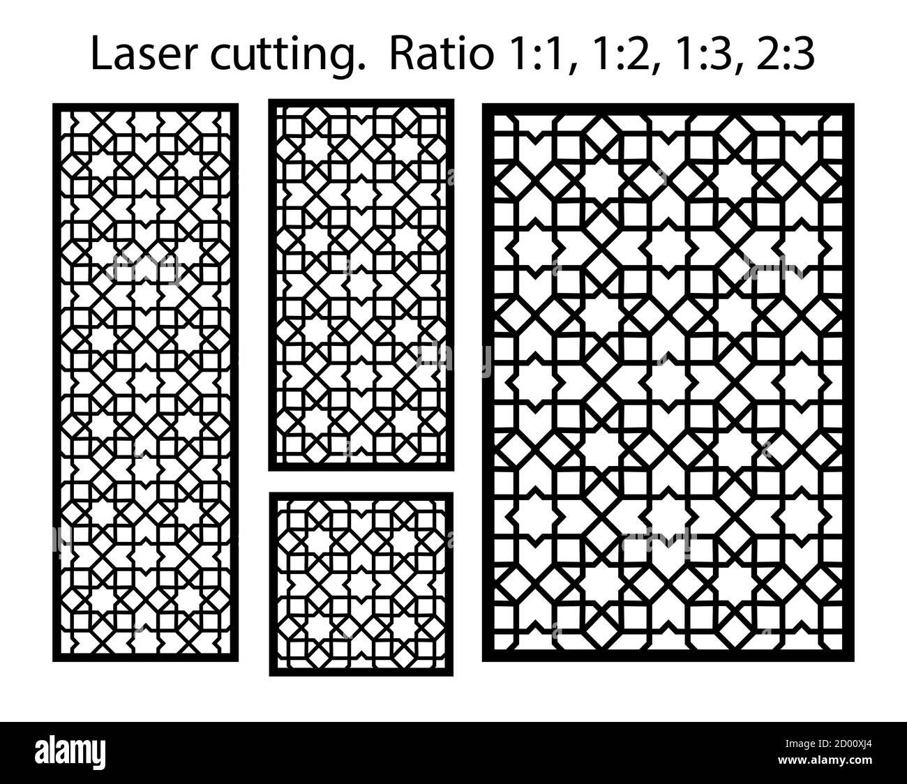 Set di template CNC. Schema laser. Set di pannelli vettoriali decorativi geometrici, schermi, divisori per taglio laser. Illustrazione Vettoriale