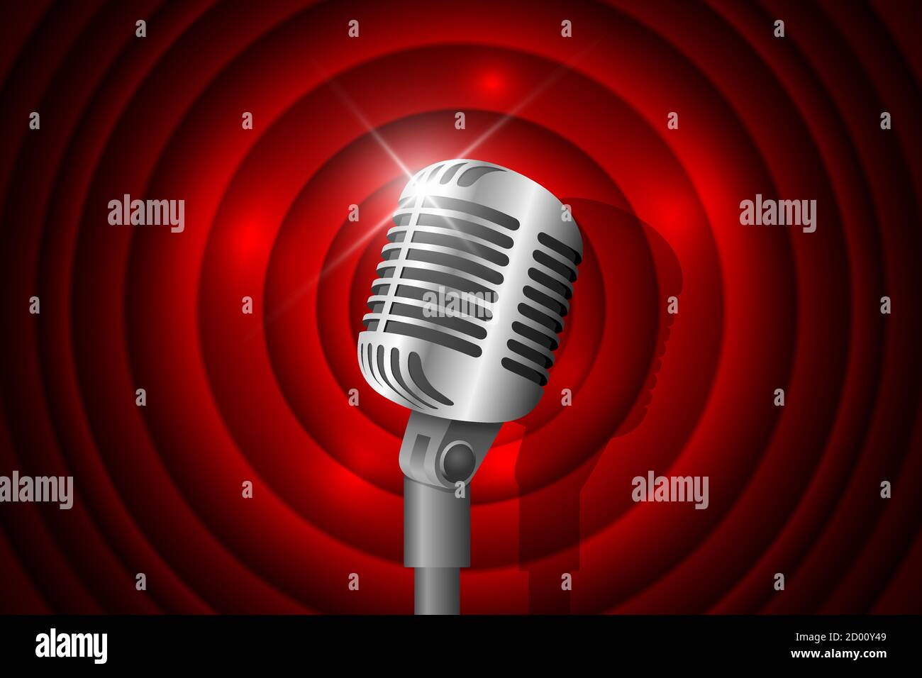 Microfono vintage in metallo argento illuminato e sfondo rosso circolare. Concetto di musica retrò. Microfono sul palcoscenico vuoto. Stand up spettacolo notturno commedia. Illustrazione grafica eps vettoriale del karaoke party Illustrazione Vettoriale