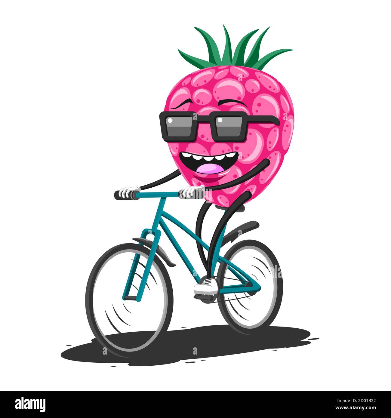 Cartoon lampone in occhiali da sole che cavalcano una bicicletta su uno sfondo bianco isolato. Immagine vettoriale Illustrazione Vettoriale