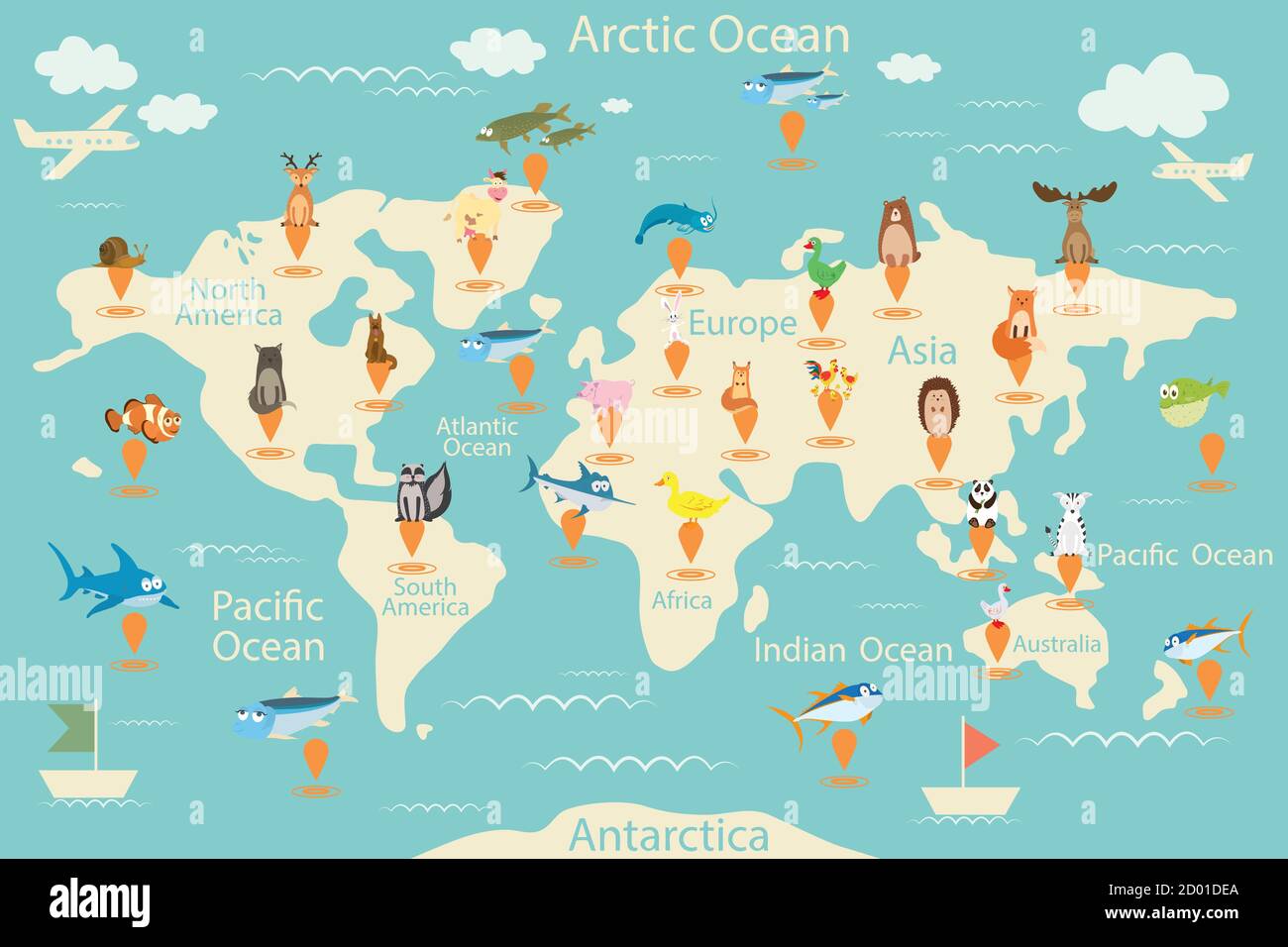 Animali, mappa del mondo. Mappa del mondo per i bambini. Poster degli animali. Animali del continente, vita marina. Sud America, Eurasia, Nord America, Africa Illustrazione Vettoriale