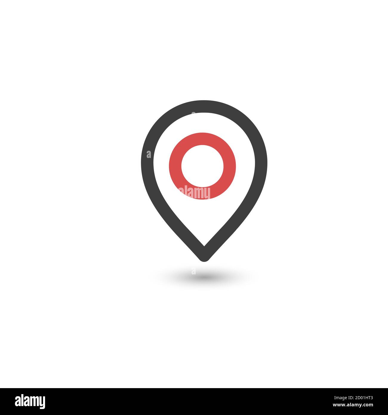 icona della posizione del simbolo di puntatura della mappa con ombreggiatura grigia ovale in stile semplice e piatto. Illustrazione vettoriale di stock isolata su sfondo bianco. Illustrazione Vettoriale
