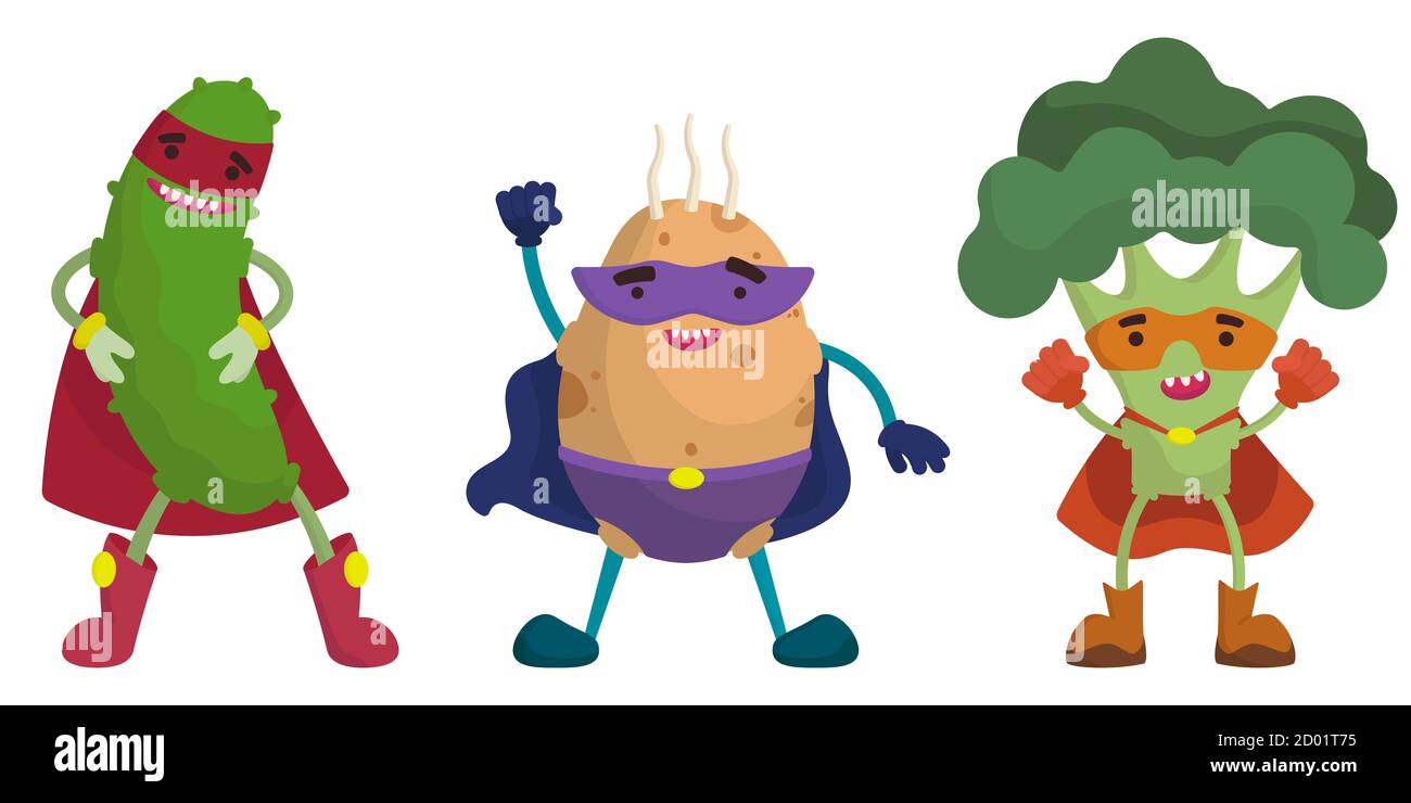Set di verdure supereroi. Cetrioli, patate e broccoli in stile cartoon. Illustrazione Vettoriale