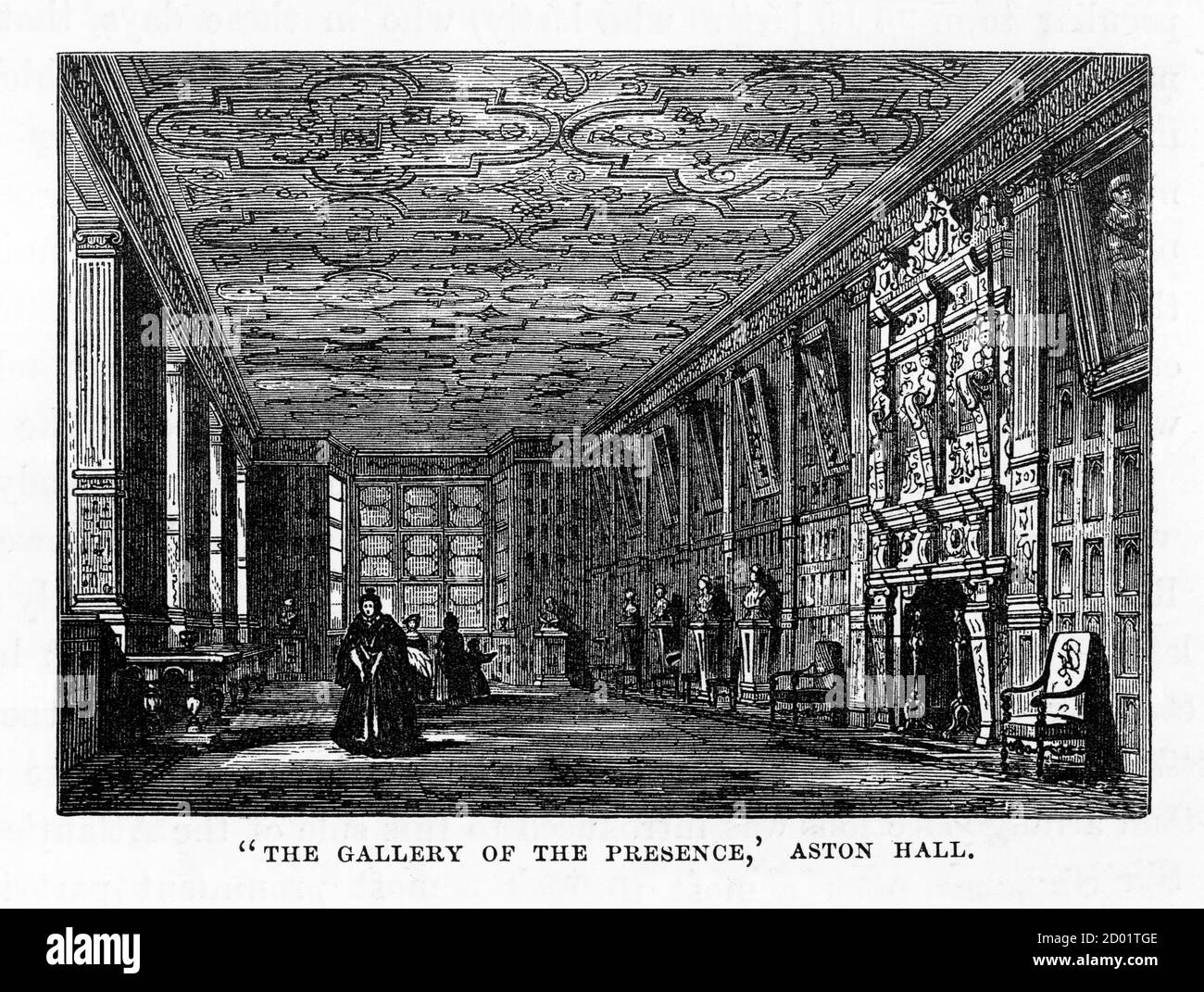 Molto rara, splendidamente illustrata, incisione Antique di Aston, Aston Hall, The Gallery of the Presence, Birmingham, Midlands, Inghilterra Victorian Engrav Foto Stock