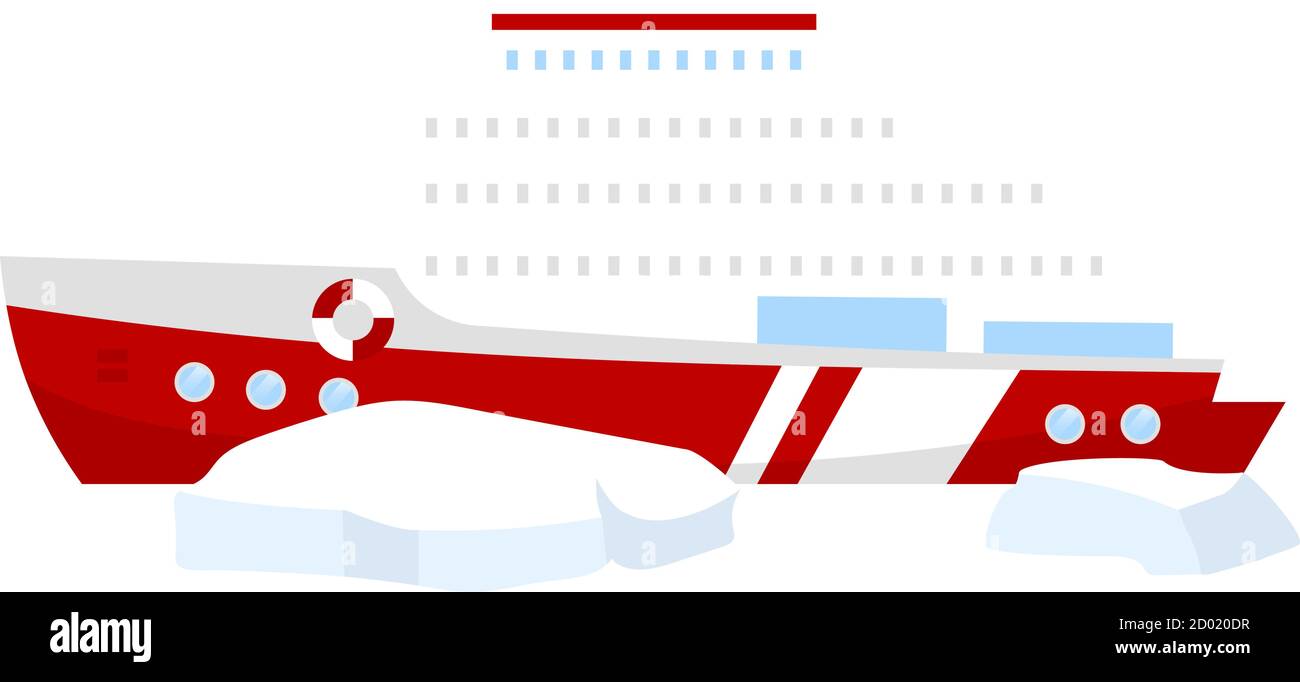 Illustrazione vettoriale a colori piatte dell'imbarcazione. Rompighiaccio con blocchi di ghiaccio. Trasporto nautico. Nave marina per la spedizione del nord. Trasmissione marittima. Spedire Illustrazione Vettoriale
