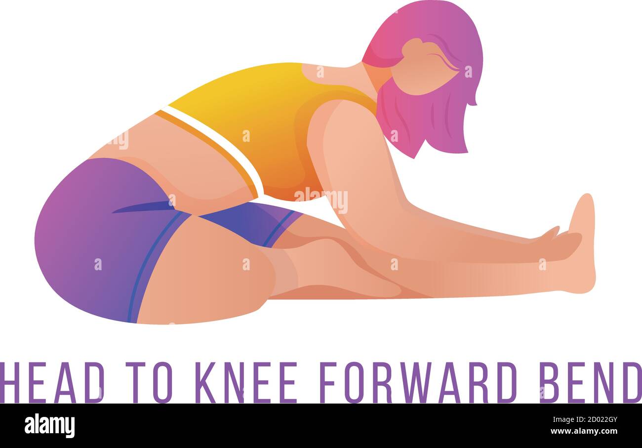 Immagine vettoriale piatta con piegatura in avanti testa a ginocchio. Janu Sirsasana. Donna causiana che fa yoga in arancione e porpora abbigliamento sportivo. Allenamento, fitness Illustrazione Vettoriale