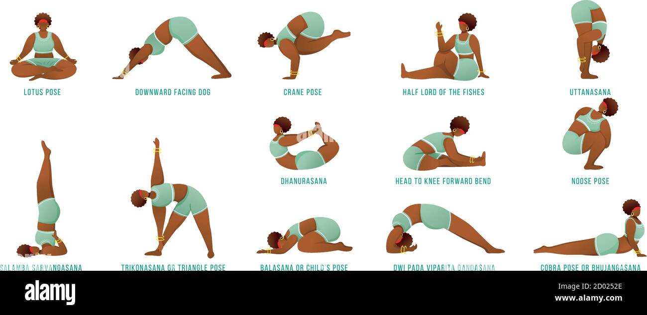 Lo yoga pone un insieme di illustrazioni vettoriali piatte. Afroamericane, donne dalla pelle scura che eseguono posture yoga. Figure femminili che fanno asana, fisica Illustrazione Vettoriale