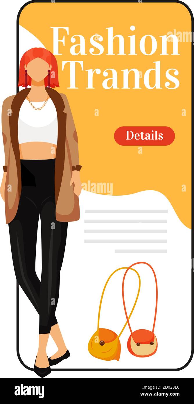 Schermata dell'app vettoriale per smartphone delle tendenze della moda. Stile del modello della pedana. Nuovi abiti firmati. Display per telefoni cellulari con design a caratteri piatti Illustrazione Vettoriale