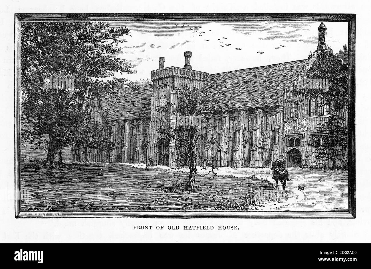 Molto rara, splendidamente illustrata, incisione d'antiquariato di Hatfield, Hatfield, Front of Old Hatfield House, Hertfordshire, England Victorian Engraving, 1 Foto Stock