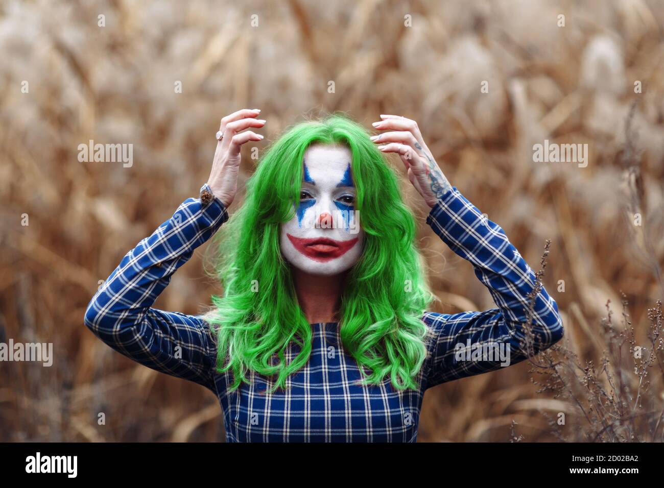 Ritratto di una ragazza con capelli verdi con trucco joker su un arancio foglie di sfondo canne. Foto Stock