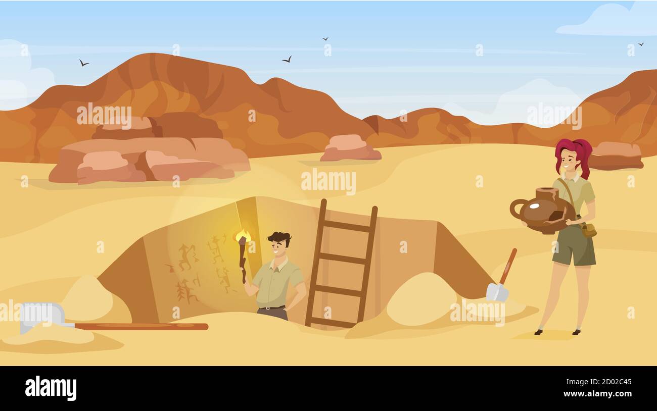 Illustrazione vettoriale piatta dello scavo. Sito archeologico, l'uomo osserva dipinti murali. Deserto di sabbia. Muro egiziano foto scoperta. Foro di messa a terra in Illustrazione Vettoriale
