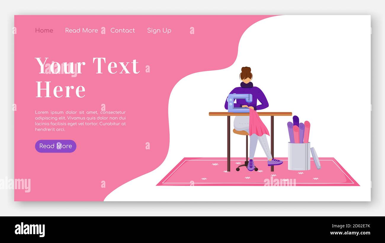 Modello vettoriale a colori piatto della landing page stilista di moda. Assistente con layout homepage macchina da cucire. Riparare i vestiti un'interfaccia di Web site di pagina Illustrazione Vettoriale