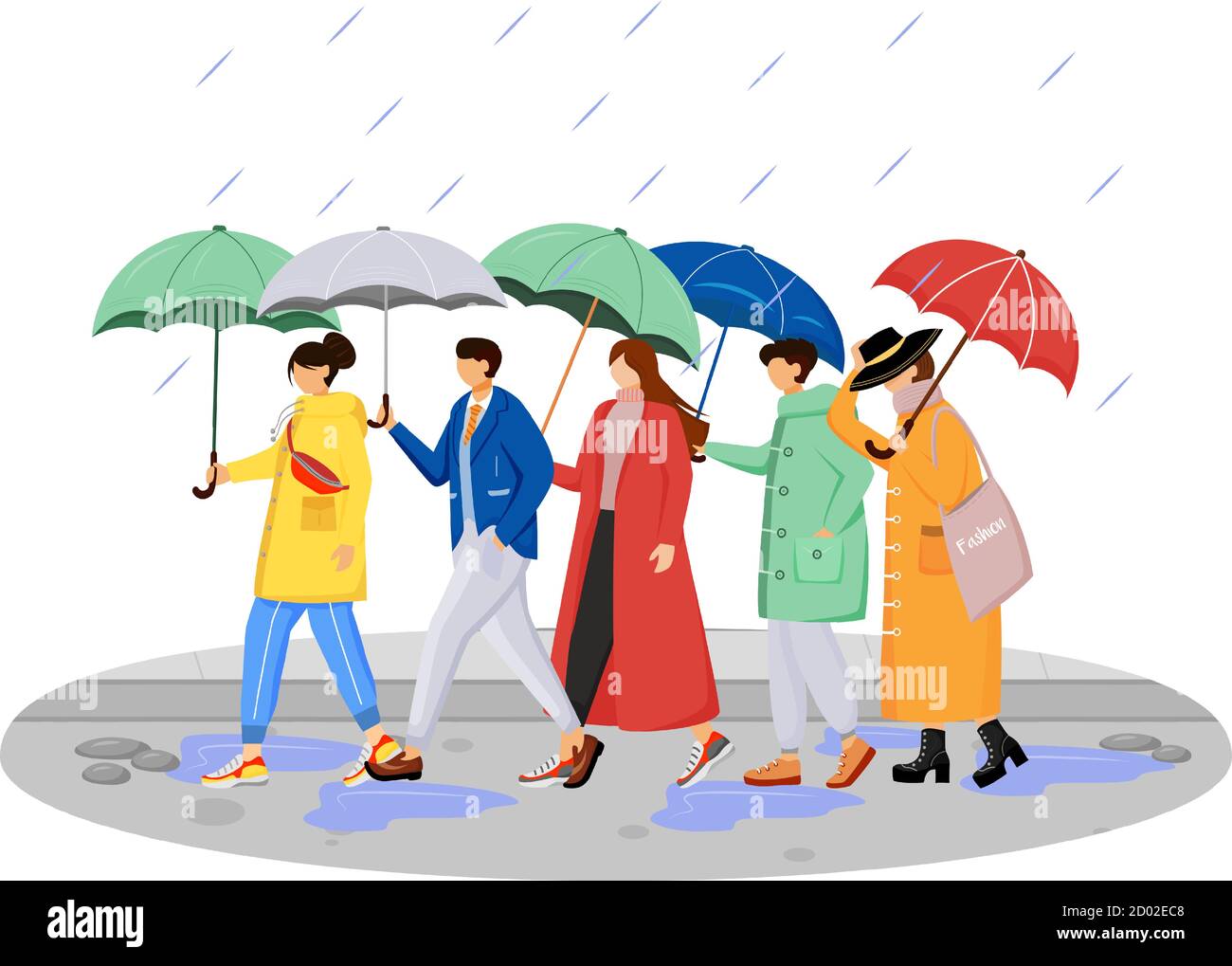 Persone in arcobaleno colore piatto vettore caratteri senza volto. Camminare umani caucasici con ombrelli. Giorno piovoso. Uomini e donne su strada isolato cartone animato Illustrazione Vettoriale
