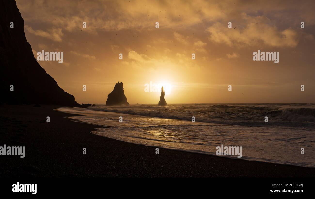 Reynisfjara spiaggia paesaggio all'alba, Islanda Foto Stock