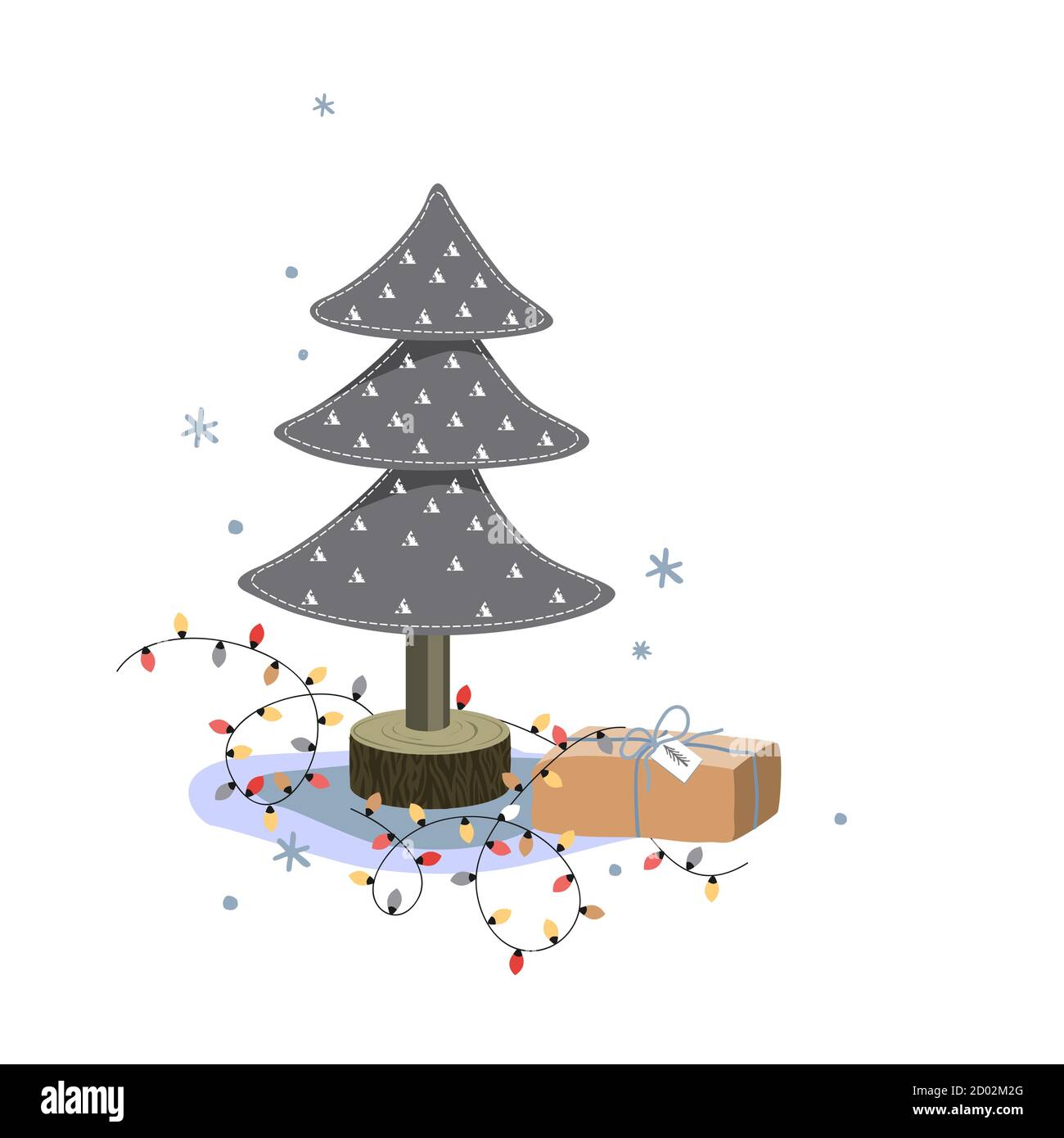 Albero di abete in feltro in miniatura, scatola regalo di natale e luci brillanti su sfondo bianco. Biglietto d'auguri per le festività, illustrazione vettoriale cartoon Illustrazione Vettoriale