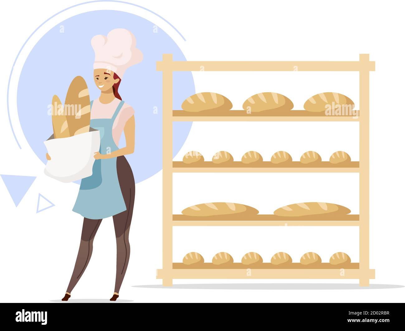 Illustrazione vettoriale a colori piatti per panettiere femmina. Donna  accanto agli scaffali con prodotti da forno. Produzione di pane. Negozio di  forno. Industria alimentare. Ragazza in cappello chef Immagine e Vettoriale  -