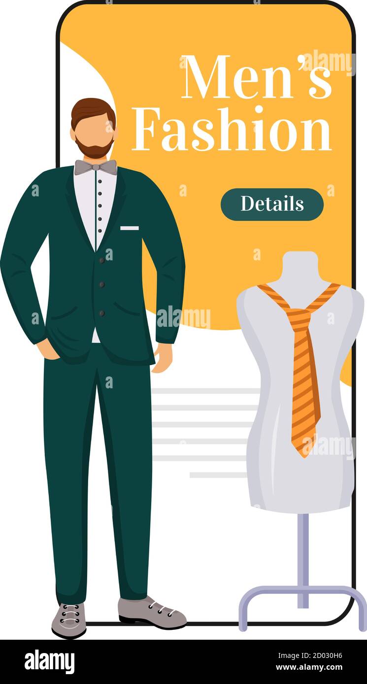 Schermata dell'app vettoriale per smartphone man Fashion Cartoon. Progettazione di abiti maschili. Abiti di stile ufficiale. Display per telefono cellulare con design piatto Illustrazione Vettoriale