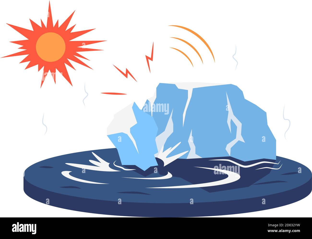 Iceberg che interrompe l'illustrazione vettoriale dei cartoni animati del ghiacciaio. Impatto del riscaldamento globale. Fusione glaciale. Influenza della temperatura calda. Cambiamento climatico. Piatto Illustrazione Vettoriale