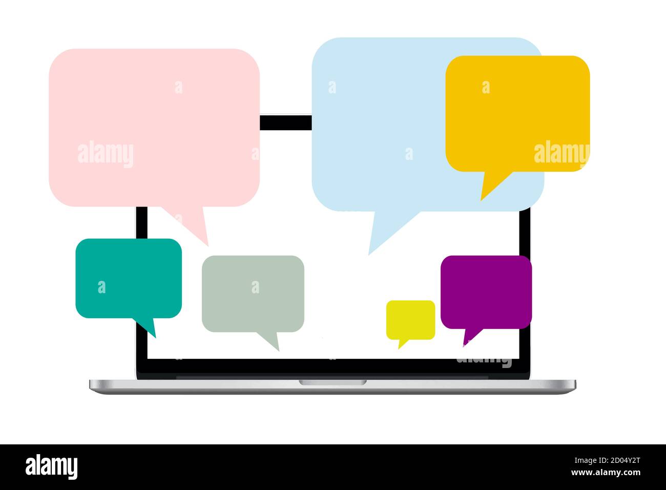 Chat Window Social Media Bubbles su laptop, persone lavoro remoto Illustrazione Vettoriale