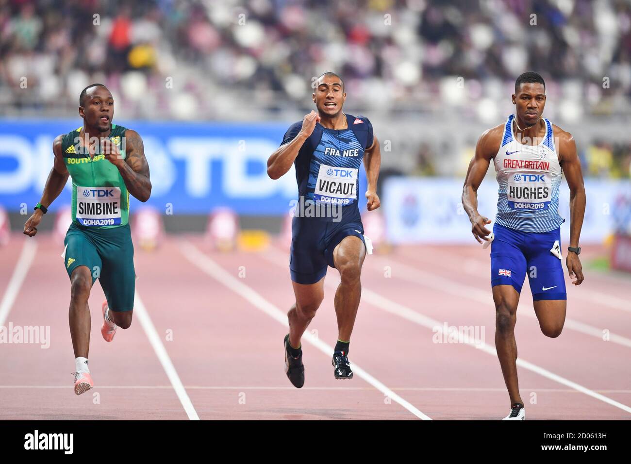 Akani Simbine (RSA), Jimmy Vicaut (fra), Zharnel Hughes (GBR). 100 metri uomini, Semifinale. IAAF World Athletics Championships, Doha 2019 Foto Stock