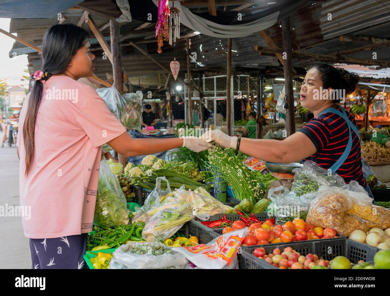 Sukhothai, Tahiland - 2019-03-06 - venditore vegetali effettua una vendita al mercato. Foto Stock