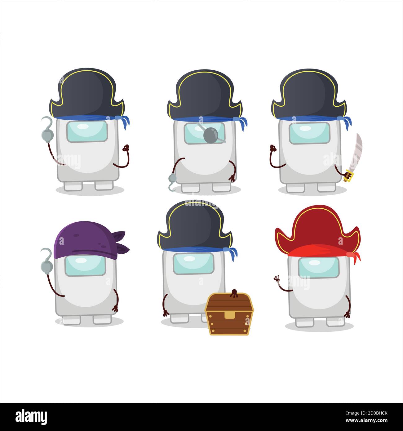 Personaggio cartoon di tra noi bianco con varie emoticon pirati Illustrazione Vettoriale