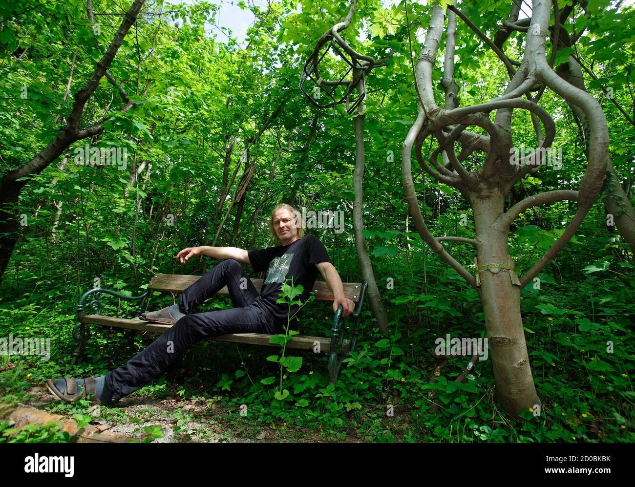 L'artista austriaco Bernhard Schmid si siede su una panchina accanto ad una  sedia in crescita naturale in un albero nel suo giardino a Lassnitzhoehe,  provincia della Stiria, Austria, 5 maggio 2015. Schmid