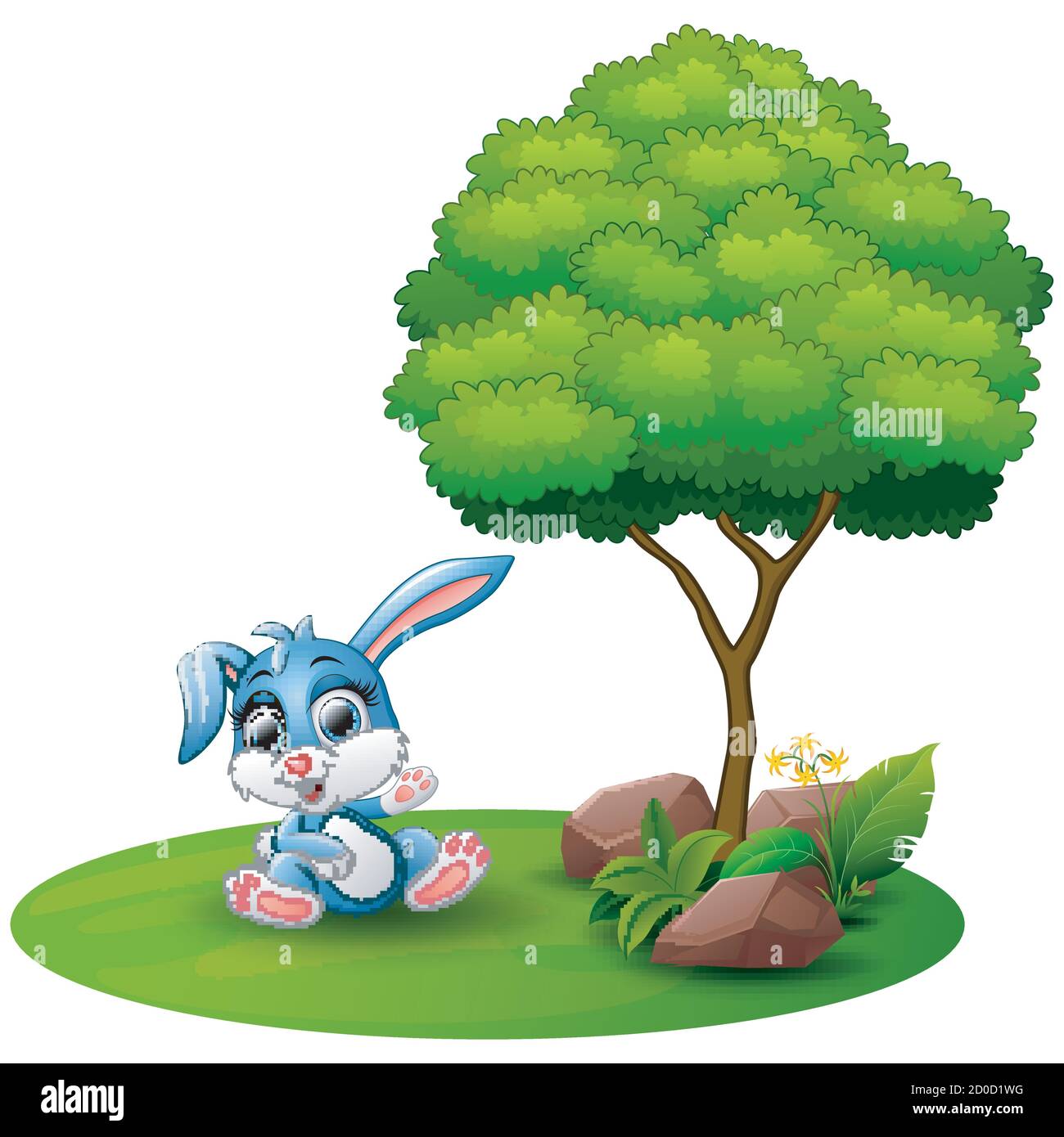 Coniglio di cartone animato seduto sotto un albero su uno sfondo bianco Illustrazione Vettoriale