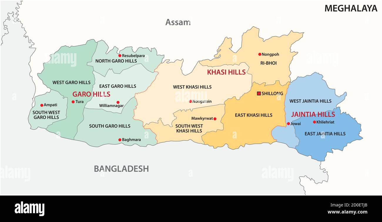 Mappa vettoriale amministrativa e politica di Meghalaya, India Illustrazione Vettoriale
