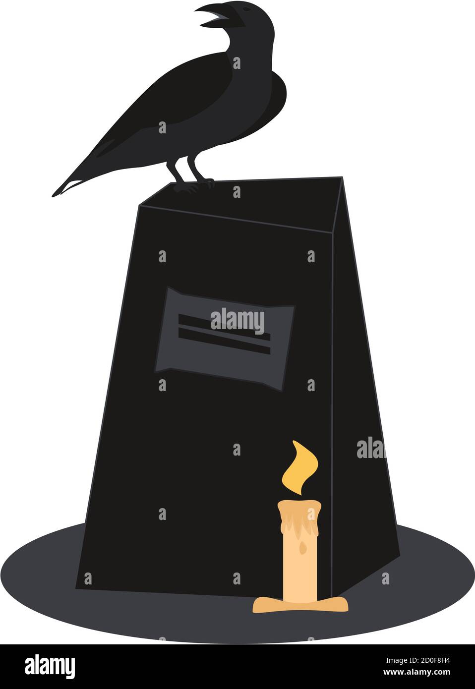 Raven è seduto sulla lapide. Illustrazione vettoriale per il disegno di Halloween. Isolato su sfondo bianco Illustrazione Vettoriale