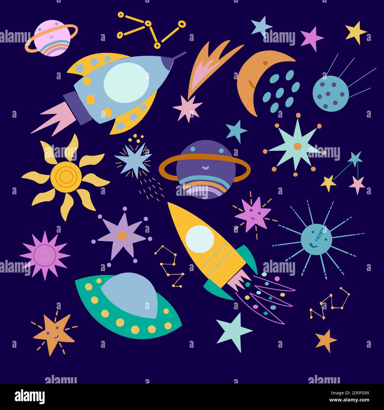 Insieme di elementi luminosi e carini dello spazio - razzi, pianeti, comete, stelle, sole. Immagine su sfondo blu scuro, in grafica vettoriale. Per il design Illustrazione Vettoriale