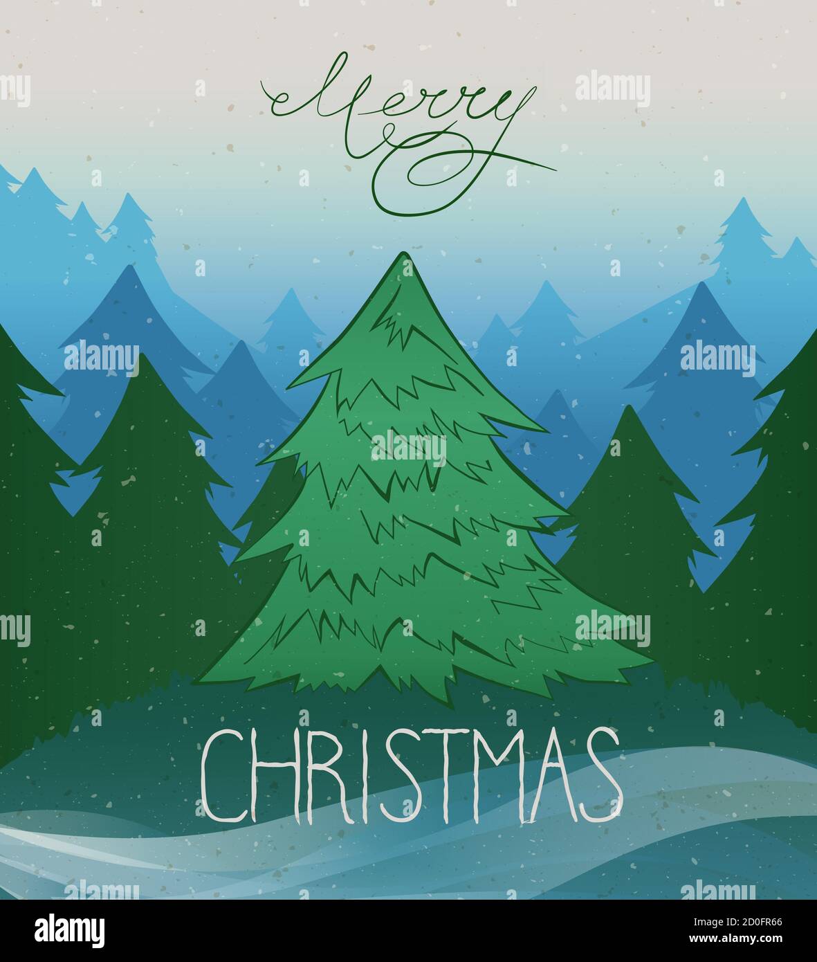 Sfondo vintage vettoriale con albero di Natale e lettere a mano di Natale allegro. Nei colori bianco, verde e blu. Illustrazione Vettoriale